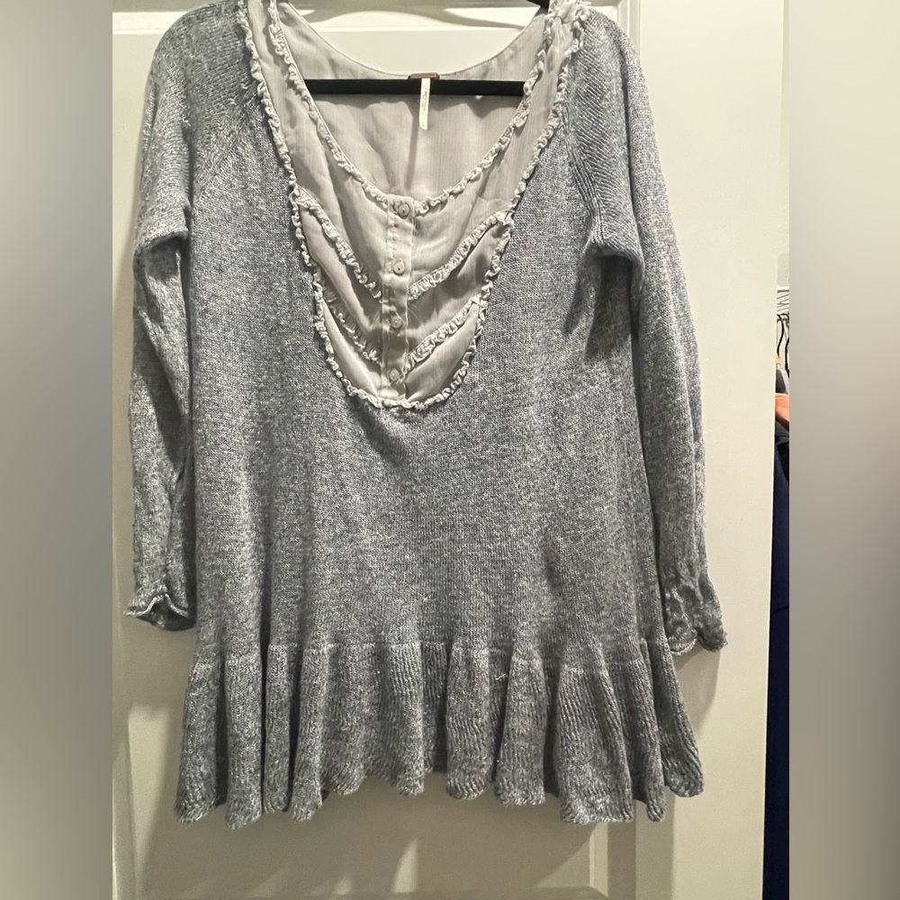 Free People Marigold Shirred Bodice Light Gray Sheer Top